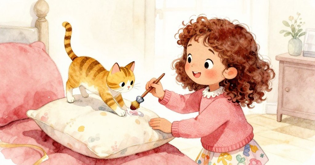 Mila用小刷子清潔花枕時,小貓跳上枕面搶佔位置,她臉上綻放出快樂與溫馨的微笑,場景充滿生活氣息。