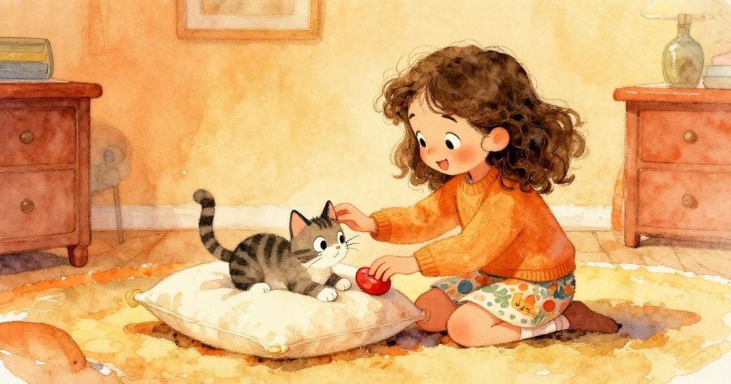 Mila輕撫跳上花枕的小貓,並將紅書放於枕旁,室內洋溢著平靜溫馨的家庭交流氛圍,充滿愛意。