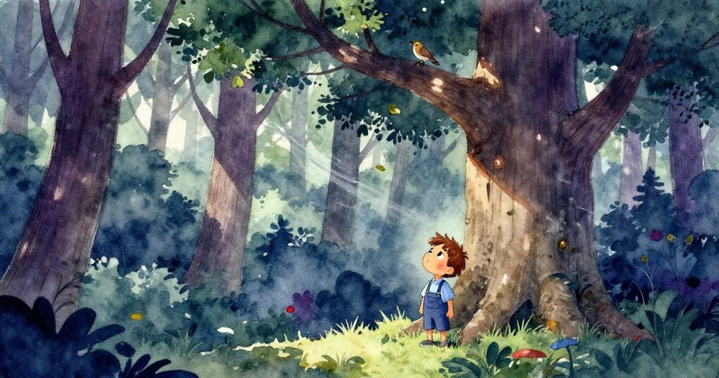 Sam 站在茂密森林的巨樹下，樹上小鳥啁啾，微風吹拂落葉，呈現期待與驚奇的初遇情景。