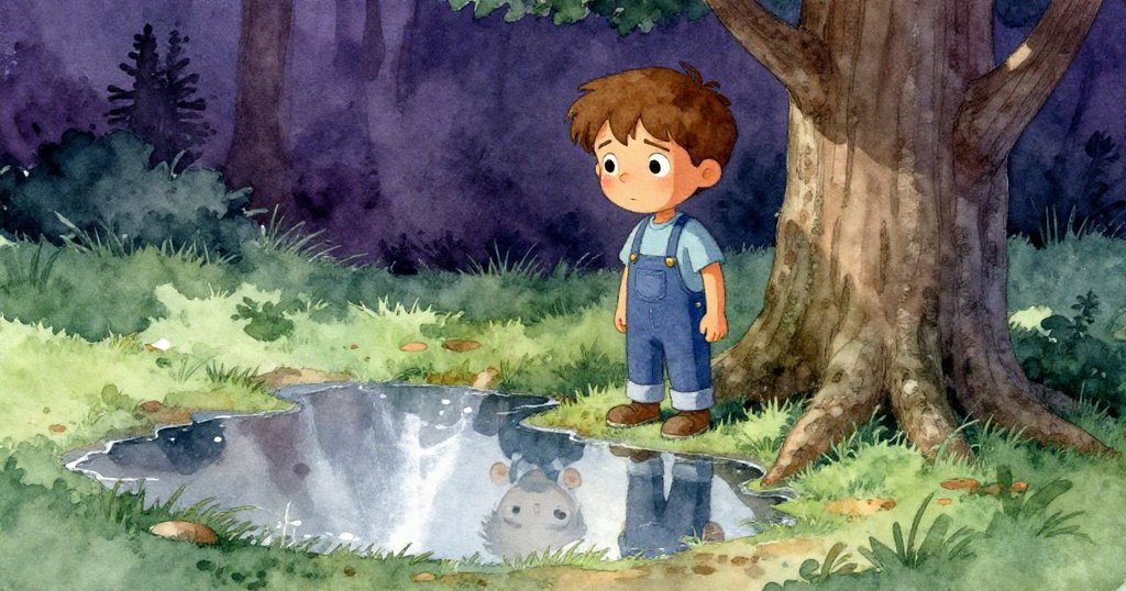 Sam 靜臥於樹樁旁，水中映出他的決心與周圍樹木細節，展現反思與準備繼續攀登的過程。