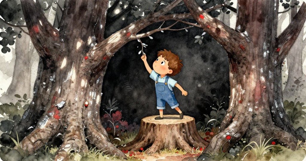 Sam 發現樹旁隱秘角落，踏上老樹樁並伸手抓住低垂樹枝，充滿好奇與堅定，開啟接下來的冒險旅程。