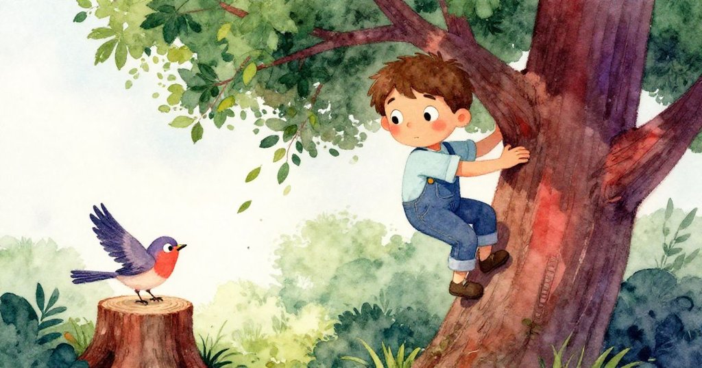 Sam 正在攀爬中途遇見驚喜與緊張情境，亮鳥突然降臨於老樹樁旁，葉子拂面，他充滿慎重與期待，故事進入高潮。