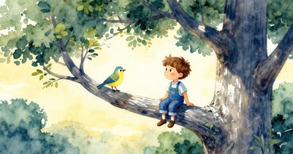 Sam 坐在高枝上與亮麗小鳥共享靜謐時刻，樹木穩定象徵成長與平衡，情感從冒險激昂走向溫暖與和諧的結局。