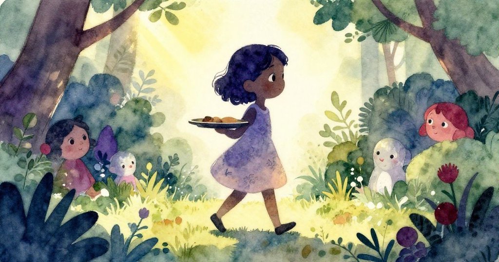 米婭拿著托盤走進陽光花園，她的身影被金色光線映出，神情堅定，背景展現寧靜而充滿希望的早晨。