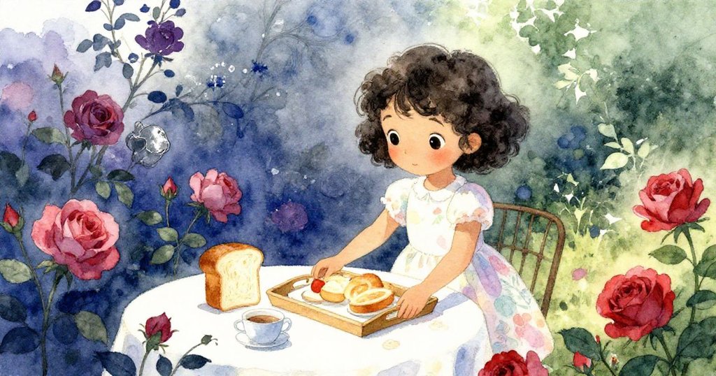 米婭在滿佈玫瑰的圓桌旁小心擺放早餐托盤，溫暖麵包散發甜香，她專注且溫柔，環境充滿花園氣息。