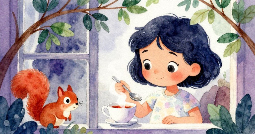 米婭慢慢舀茶時，透過樹枝葉窗看見一隻好奇松鼠，場景充滿自然光影和溫柔驚喜的情感。