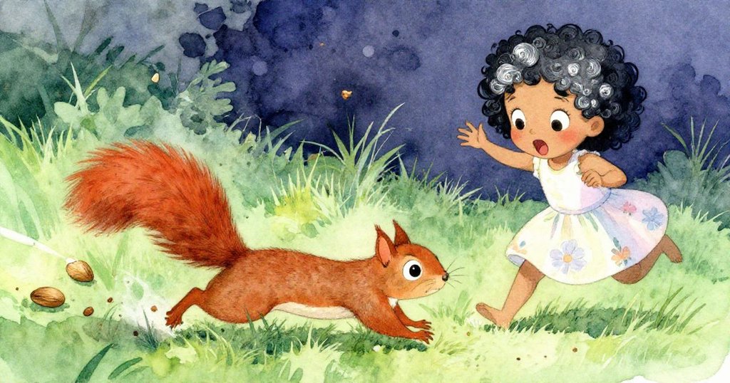 活潑松鼠追逐散落麵包屑與堅果，米婭驚訝後退，生動草地上充滿動感與快樂追逐的情境。