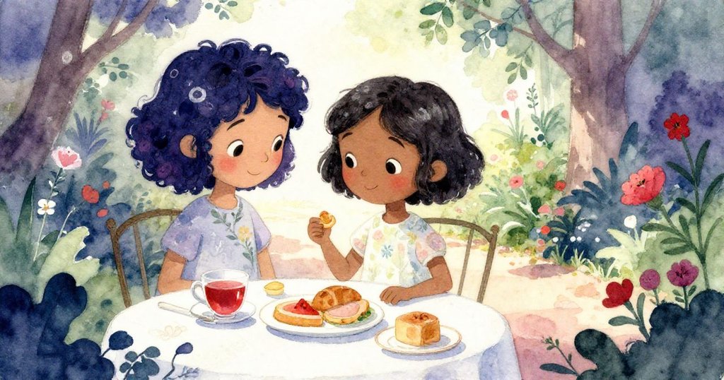 米婭坐在寧靜花園桌旁享用早餐，溫茶蒸氣袅袅升起，陽光照亮前方開放新路，神情充滿感恩與平靜。