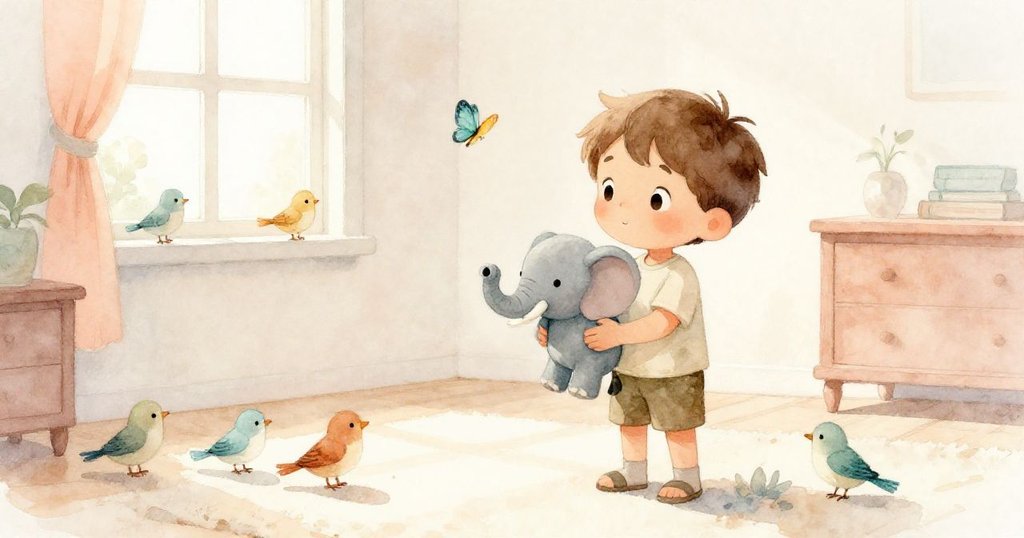 在溫暖室內,Leo捧著小大象,四周有小鳥和蝴蝶陪伴,流露出期待與探尋的神情,場景熱鬧溫馨。