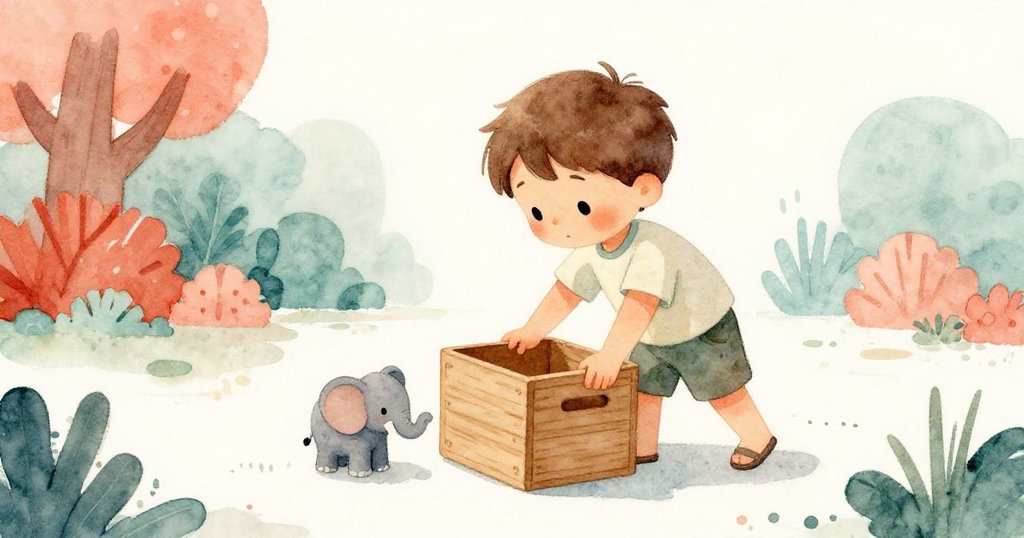 以小鳥視角觀察,Leo正調整木箱堆疊成階梯,小大象靜待其間,畫面洋溢著專注與輕微緊張的情緒。