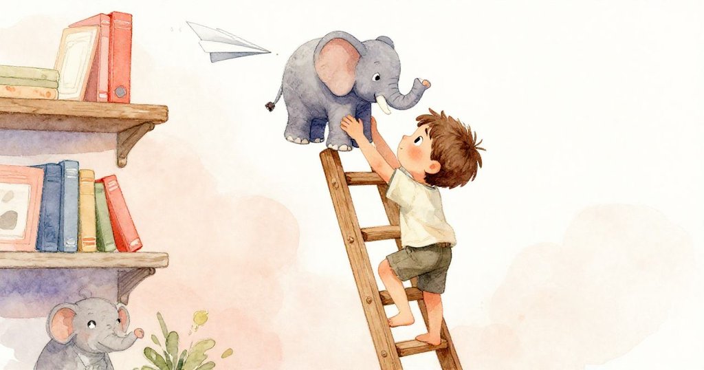 Leo攀爬小階梯,努力舉起玩具大象,紙飛機輕快掠過,動感充沛,展示出他青春活力與決心。