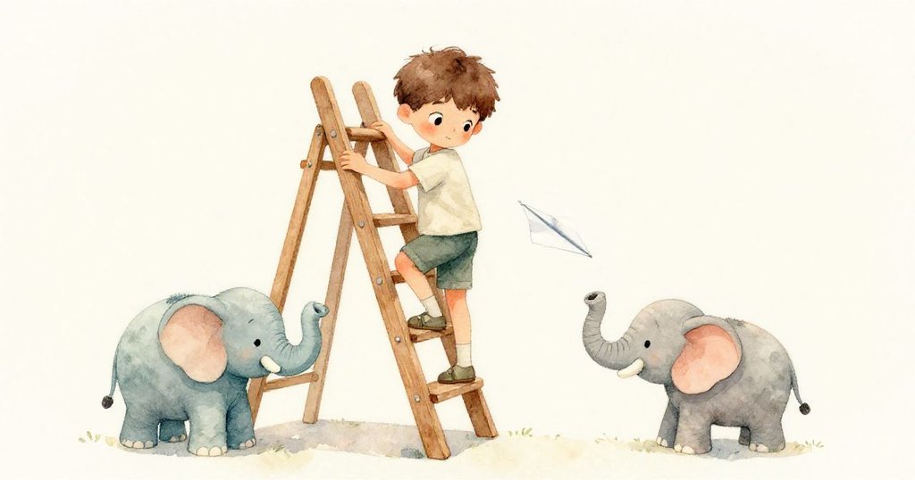 Leo從小階梯上輕緩走下,紙飛機靜靠大象旁,室內回復寧靜,臉上洋溢著滿足與溫暖的安心神情。