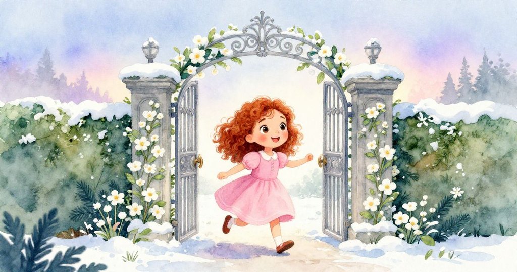 Mia 穿過飾有雪白花朵的花園門，踏入充滿希望的庭院，臉上展露興奮與期待，開始奇妙旅程