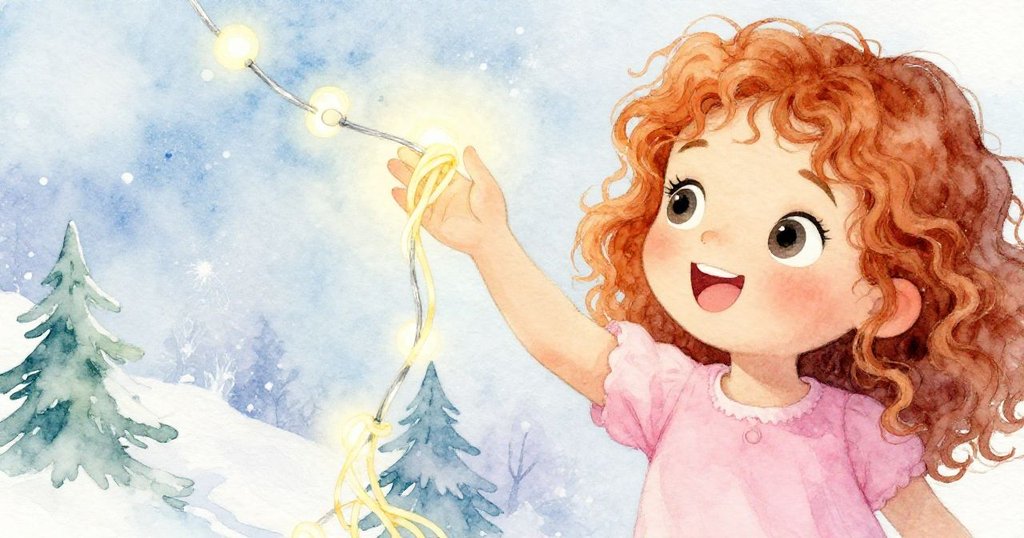 Mia 小心翼翼抬起蜿蜒如意大利麵的燈串，手中輕觸燈泡，展現好奇與疑惑神情，細節清晰