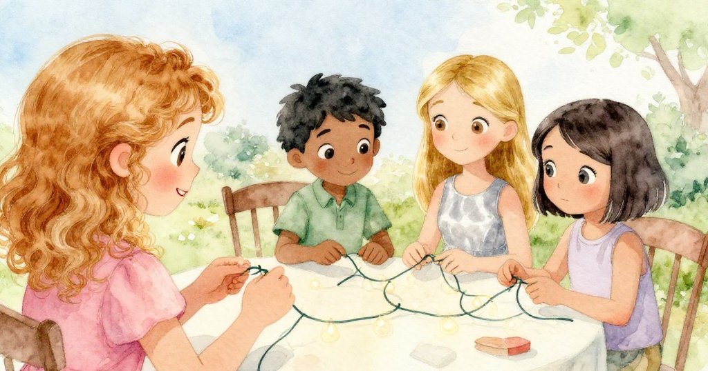 從Sara的背後視角觀察，Mia與好友們齊心協力解燈串，Ben握住一端，Lina呵護燈泡，展現團隊合作與專注情緒