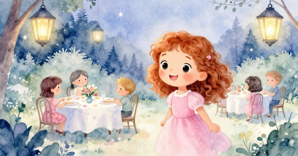 夜幕低垂時的花園派對，燈光映照桌面與客人，星光閃爍與微風輕拂營造出寧靜而迷人氛圍