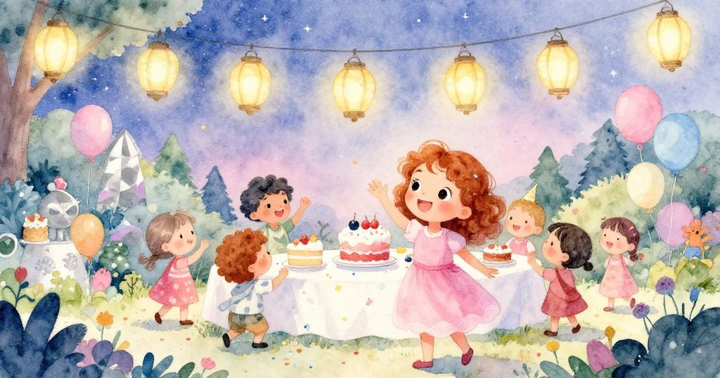 燈光點亮最終派對，花園中燈籠高懸、彩紙飄舞於蛋糕上，Mia與好友們在星空下歡慶成果，笑容滿面