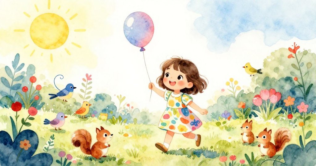 Mia走入陽光明媚的庭院，手持亮色氣球，與歡快的小鳥和松鼠互動，展現溫柔愉快的表情。