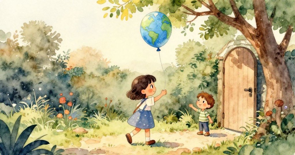 Mia伸出暖手仔細抓取畫有地球的亮色氣球，表情期待，細膩刻畫手部與氣球紋理，場景溫馨和諧。