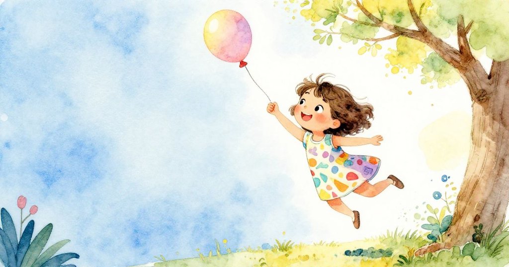 Mia在分鏡畫面中一側跳躍伸手想抓氣球，另一側展示氣球隨微風吹動的樹枝，表情充滿期待。