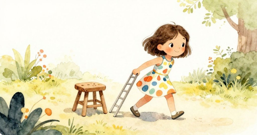 從高處俯瞰，Mia拖動短梯靠近花園凳，環境柔和，展現她專注與行動，充滿探索感。