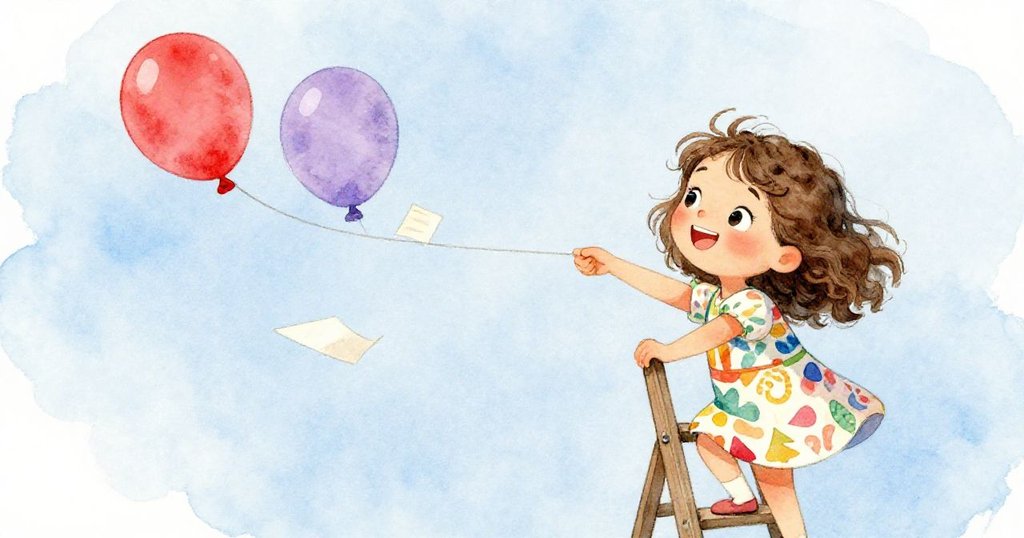 Mia攀爬梯子時，氣球突然滑落，附帶的小紙條在空中飄揚，她神情驚訝，場面充滿懸念。