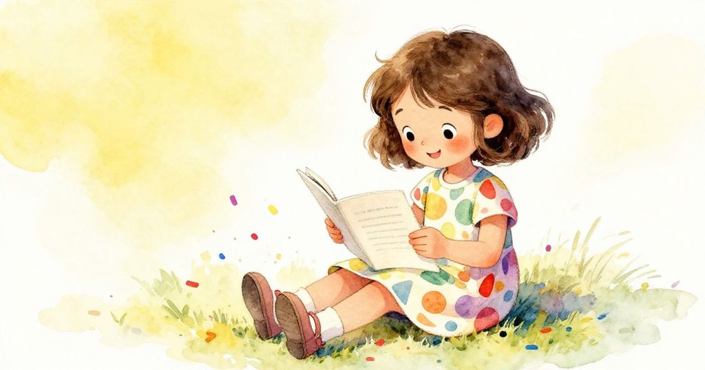 Mia在柔軟地面閱讀紙條，小巧彩色紙屑圍繞著鞋子，表情舒心滿足，場景寧靜愉悅，故事迎來圓滿結局。