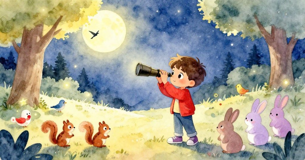 小男孩Leo在夜晚的公園中穿梭，手持望遠鏡與眾多小動物互動，神情期待且充滿好奇，環境溫馨迷人。