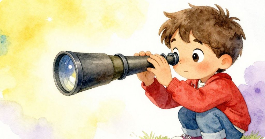 Leo專注地用手打開望遠鏡的鏡蓋，臉上洋溢著驚奇，背景中隱約透出夜空星光，充滿探索神秘感。