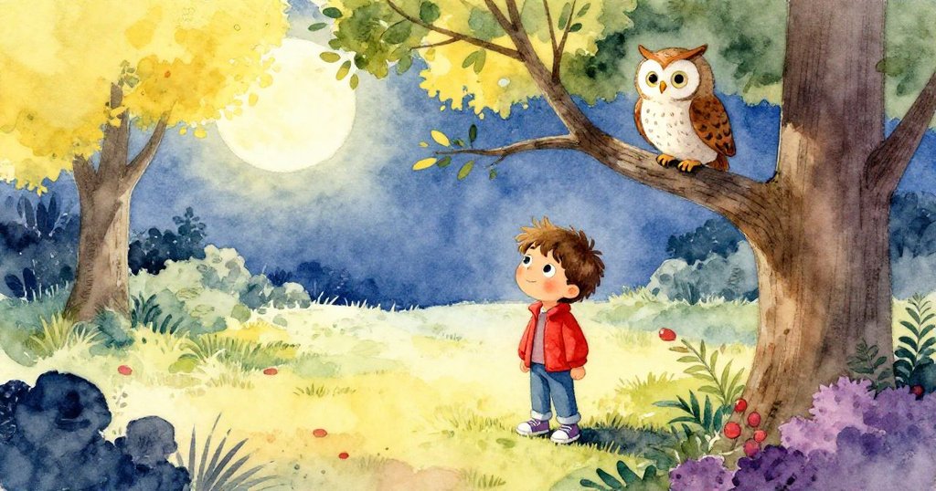 從高處俯瞰，Leo站在樹旁調整望遠鏡，一隻智慧的貓頭鷹盤旋在樹枝上注視著他，夜空光影交錯，充滿神秘氣息。