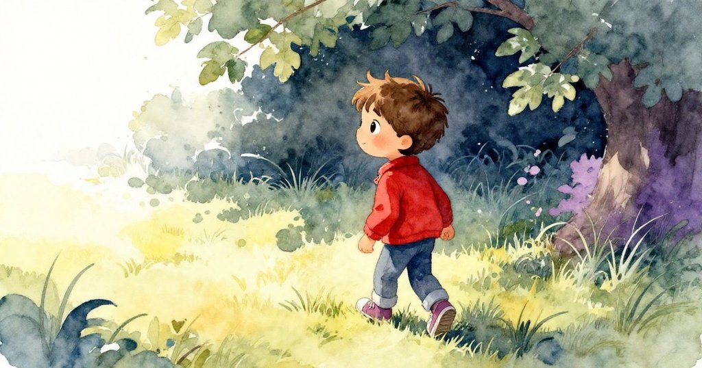 Leo離開遮蔽的樹葉，走向柔軟草地的空曠處，背景夜色溫柔光影交織，他滿懷期待，準備迎接那道明亮星光。