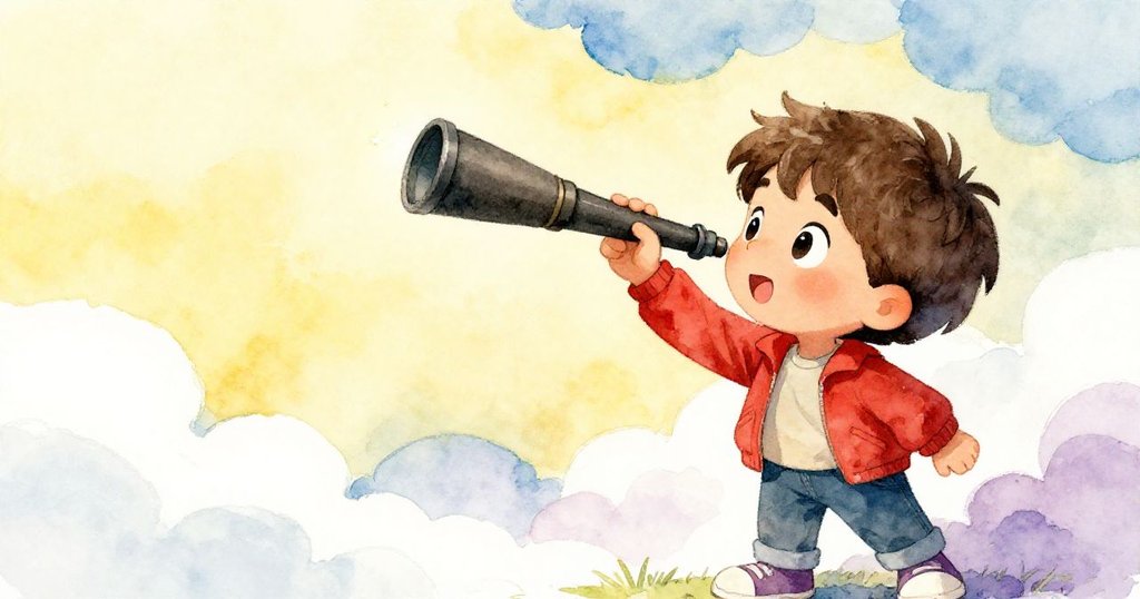 Leo在夜雲間果斷舉起望遠鏡，瞄準星空中微弱閃爍的光芒，臉上顯露堅定與驚喜，充滿決心與奇蹟感。