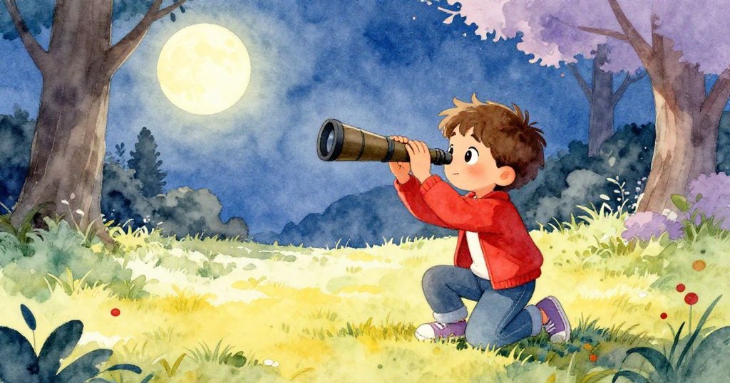 Leo緩緩放下望遠鏡，跪坐在柔軟草地上與寧靜公園告別，夜空星光點點，情感溫柔且充滿平和感。