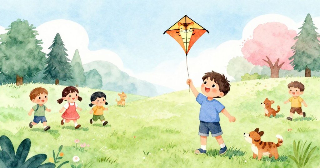 Leo在寬闊綠草地上拿著老虎風箏， surrounded by孩子和小動物，充滿期待和好奇的情緒。