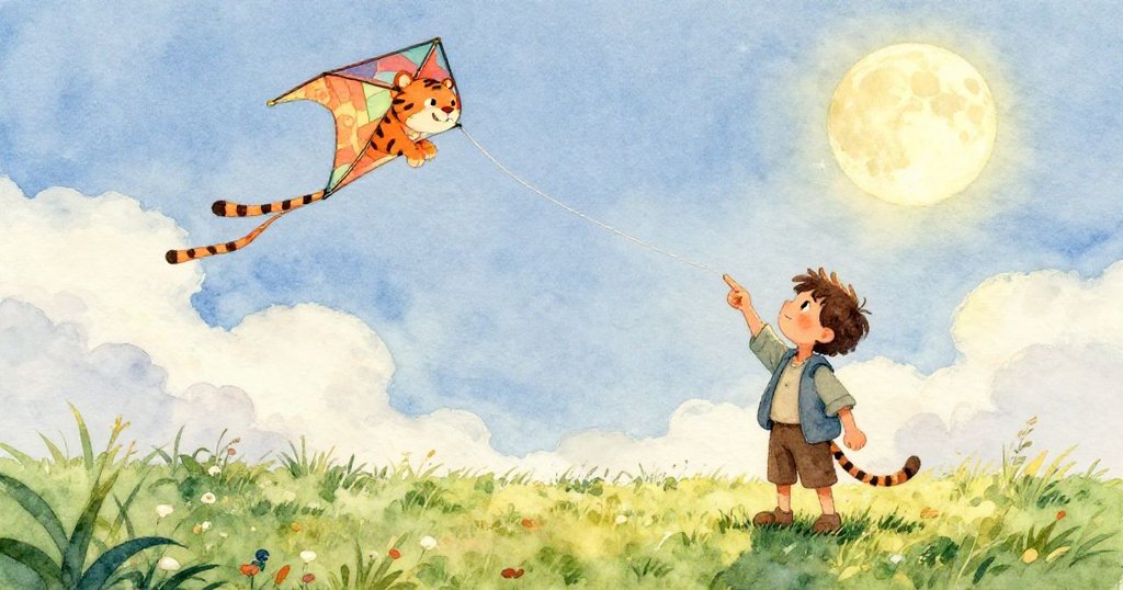 Leo專注地用手綁著帶星星和行星圖案的氣球與風箏，展示細膩手部動作與用心情感。