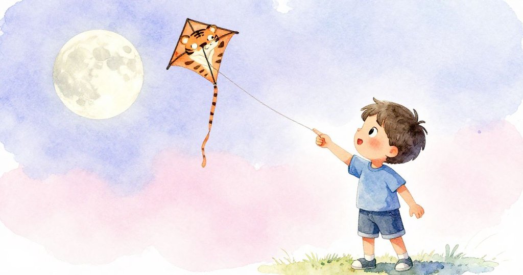 從高處俯瞰Leo仰望月亮，指向遠方，風箏輕搖展現探索與冒險的期待。