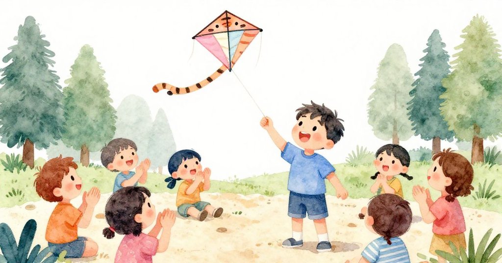 孩子們在沙坑旁歡呼鼓掌，Leo驕傲微笑觀看風箏低飛，洋溢著節日的歡慶氛圍。