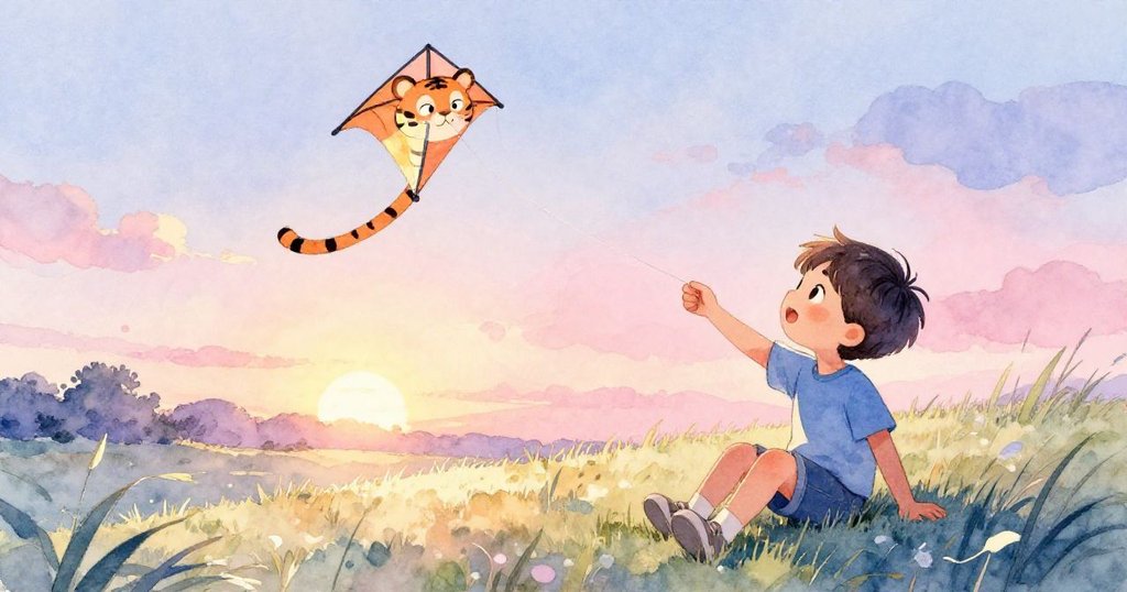 Leo在夕陽下靜坐草地，看著風箏與氣球漸行漸遠，臉上流露出溫柔回憶與期待的情懷。