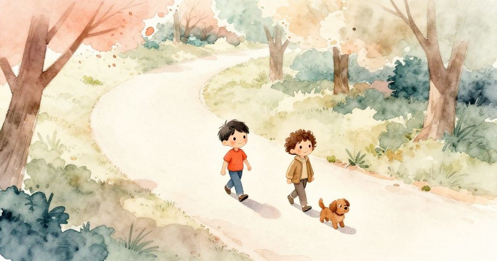 Leo、Sam和小狗在公園中散步，從上方俯瞰綠樹與曲折小徑，陽光灑落臉上，充滿期待與冒險情緒。