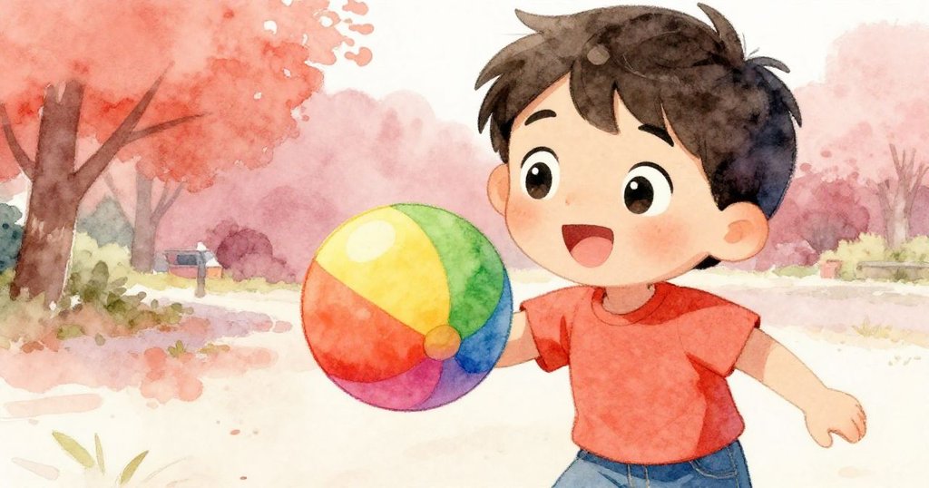 Leo專注看著手中明亮的球，眼神中流露著期待與好奇，背景帶有模糊公園樹影，情緒生動。