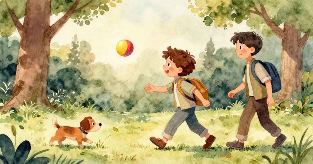 小狗追逐著滾動的球，球滑向濃密灌木後，畫面傾斜呈現動感與神秘，樹枝與落葉交織出充滿冒險情境。