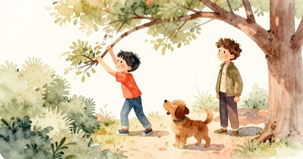 從高處望下，Leo小心推開枝條，Sam和小狗在旁關注，背景灑落柔和陽光，樹枝與灌木交織出溫暖探索氛圍。