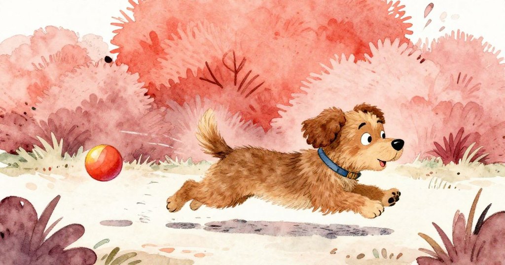 小狗迅速追逐滾動的球，充滿活力與動感，灌木背景中散發快樂氣氛，吠聲彷彿在呼喚冒險的開始。