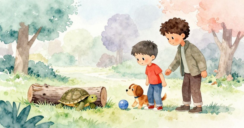 Leo感謝Sam協助救回球，烏龜悄入綠草中，小狗輕推球回來，夕陽照耀下公園寧靜祥和，滿載柔情溫暖。