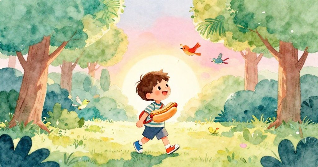 Liam走向充滿朝陽的公園,手持熱狗,鳥兒在翠綠樹林中歡唱,表情期待,環境明亮宜人。