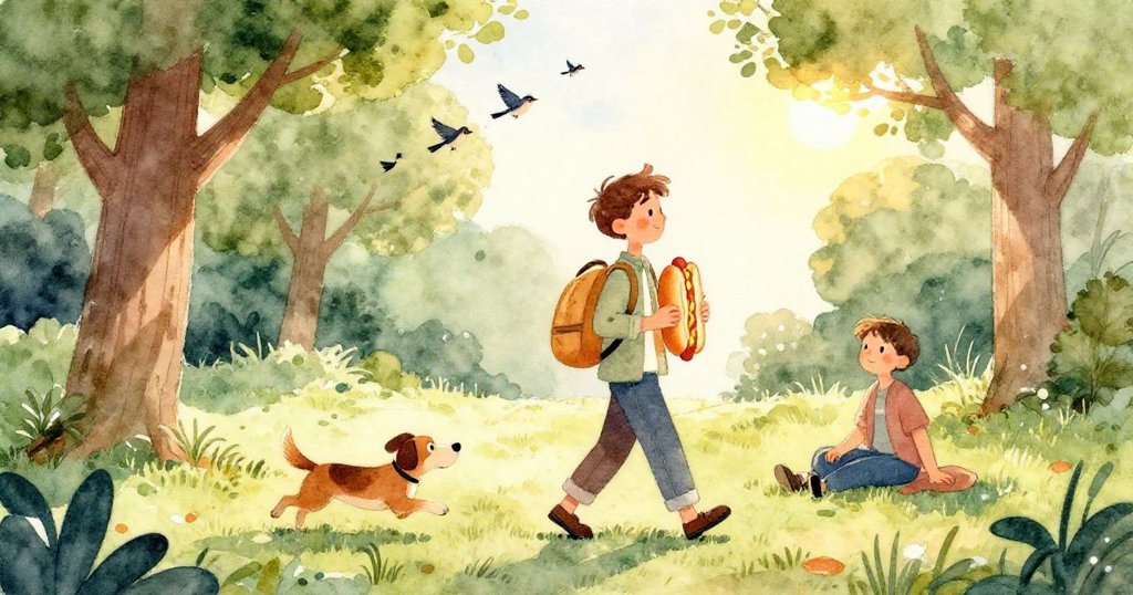 Liam的雙手輕輕舉起散發熱氣的熱狗,細膩醬汁閃爍,背景柔和,透露期待與溫暖之感。