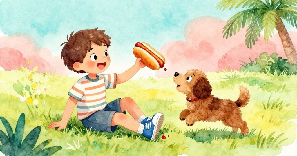 從高處俯視,Liam坐在柔軟草地上,棕色小狗跳躍搶走熱狗,醬汁滴落鞋上,場面滑稽活潑。