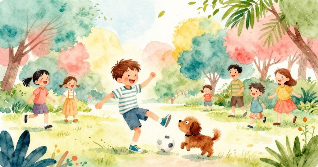 公園中人們歡笑,孩子踢球嬉戲,輕風搖曳嫩葉,場面生動熱鬧,環境充滿歡樂與互動。