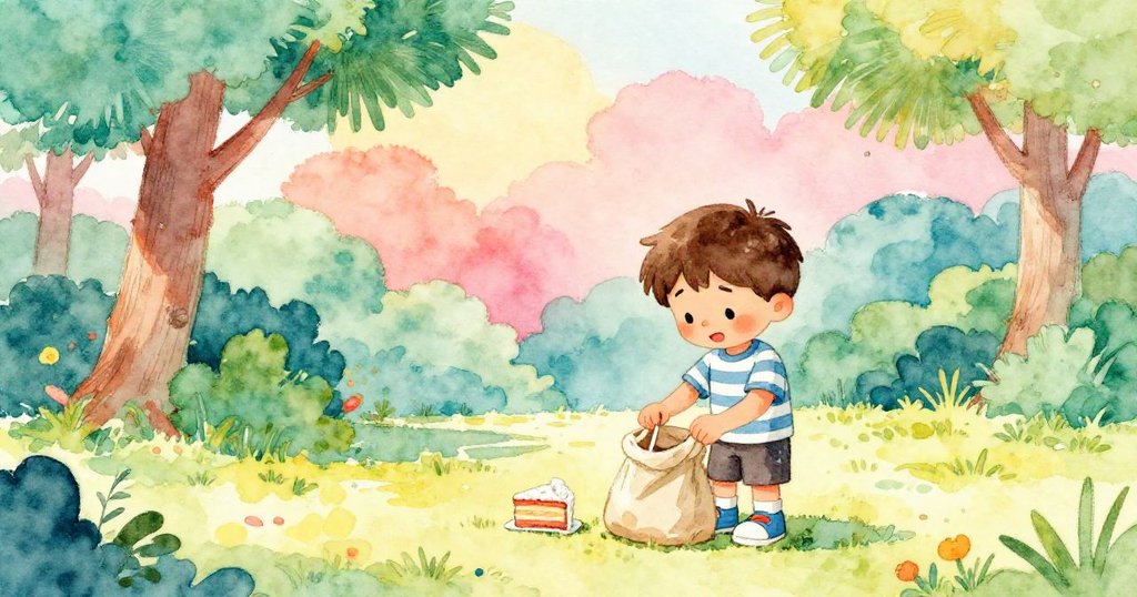 Liam因失落而神情黯淡,打開小包發現甜美蛋糕,隨即笑容燦爛,情緒轉變感人,背景公園溫馨。