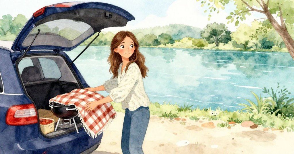 諾拉在河邊車旁忙碌裝載野餐用品,背景帶有曙光河景,表情充滿期待和輕鬆情緒